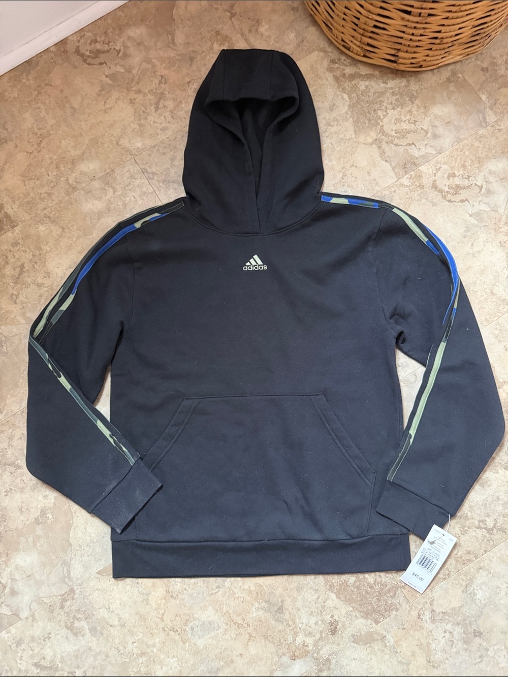 adidas Black Boys Hoodie with Camouflage-Accent Stripes XL NWT